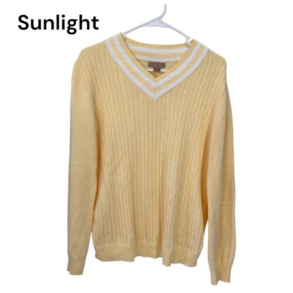 WHITE STAG Yellow Cable Knit Sweater Top With White Striped V-Neck Womens L - Picture 1 of 10